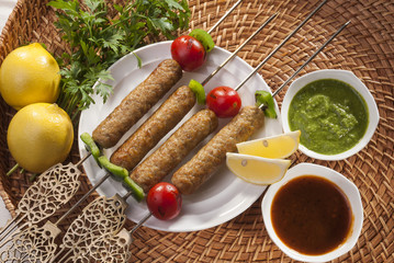 Chicken minced Shish Kebab with vegetable and mint dip  