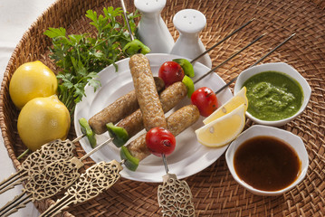 Chicken minced Shish Kebab with vegetable and mint dip  