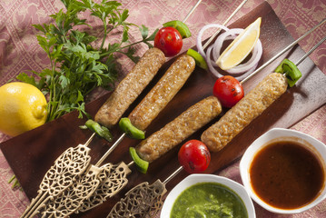 Chicken minced Shish Kebab with vegetable and mint dip  