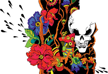 череп с растениями и цветами, иллюстрация