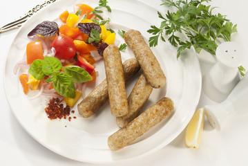 Chicken minced Shish Kebab with vegetable and mint dip 