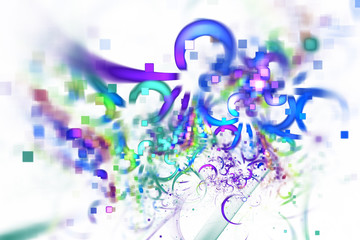 Abstract green, blue and purple blurred shapes on white background. Fantasy fractal texture. Digital art. 3D rendering.