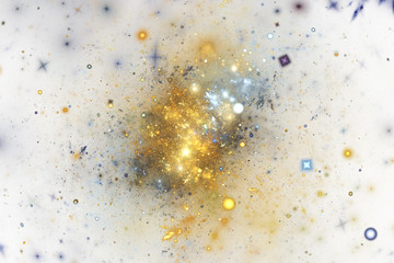 Abstract golden and blue sparkles on white background. Fantasy fractal texture. Digital art. 3D rendering.
