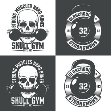 Retro logos for gym. Skull with dumbbell in the teeth. Kettlebell with vintage ribbon and inscriptions around. Versions for dark and light background.