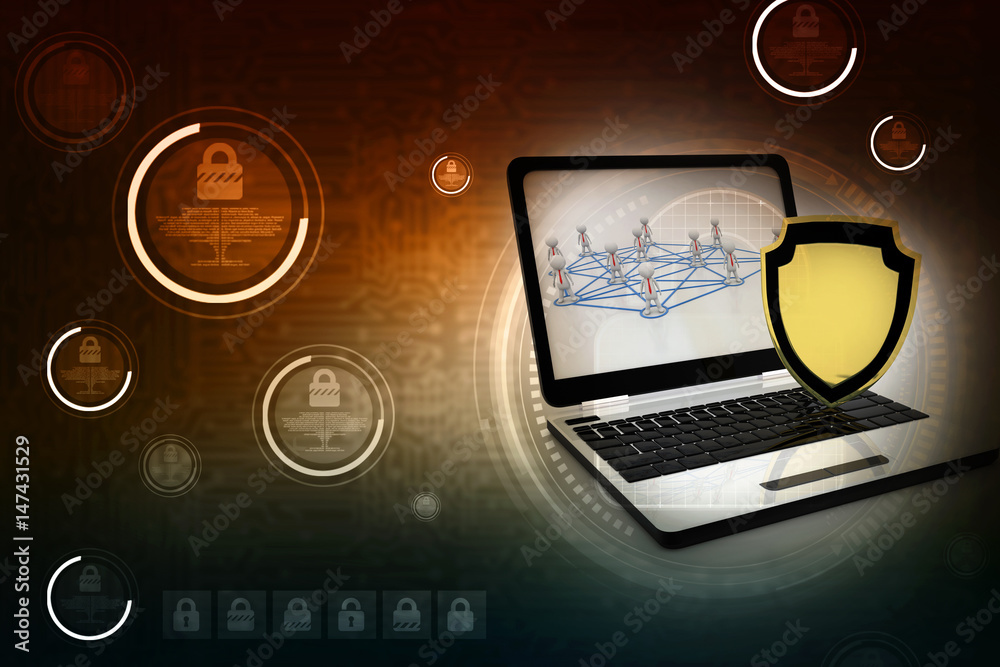 Poster laptop with shield. isolated 3d rendering image