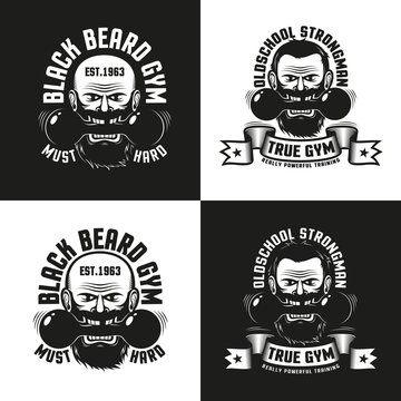 Old school logo of the gym with a bearded man holding a dumbbell in his teeth. Versions for dark and light backgrounds.
