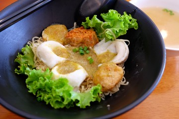 Egg noodles with fish ball / egg noodle mix vegetables with fish ball and soup