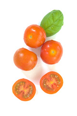 Organics Tomatoes and basil leaves isolated on white background