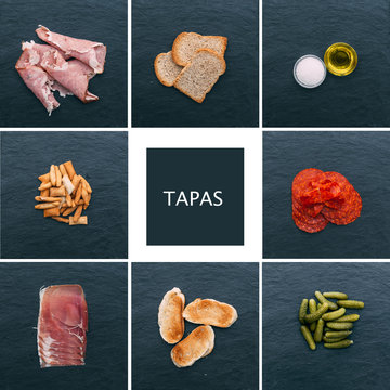Food collage with tipical spanish tapas. Pickled snacks