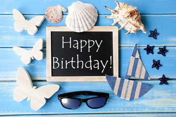 Blackboard With Maritime Decoration And Text Happy Birthday