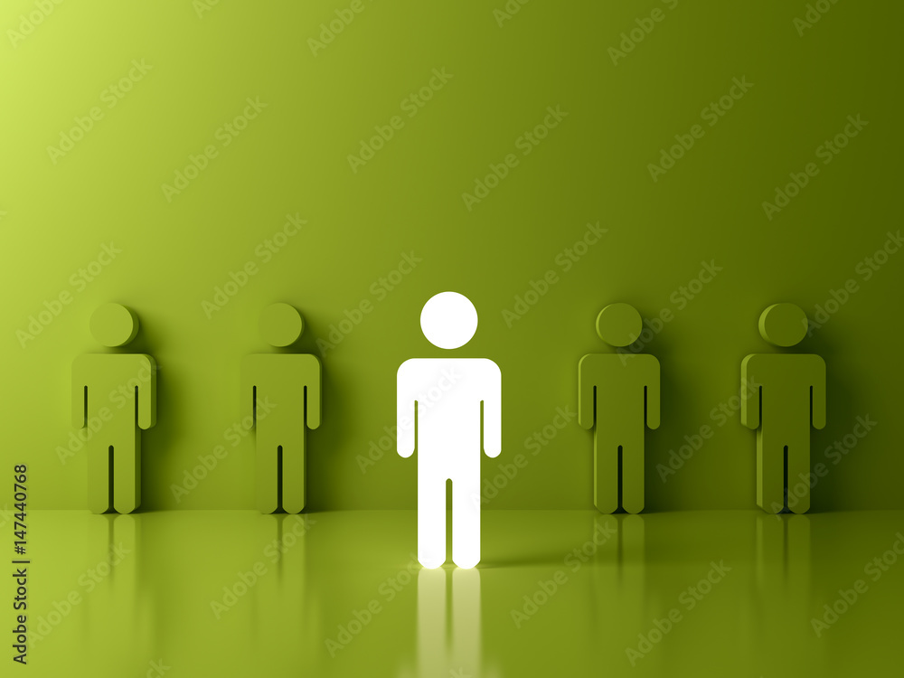 Poster stand out from the crowd and different creative idea concepts , one glowing light man standing among