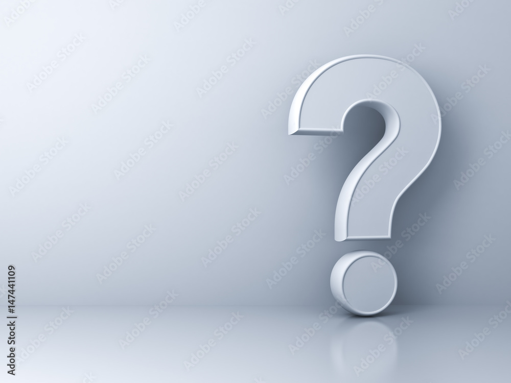 Poster question mark on white abstract background with shadow and reflection . 3d rendering.