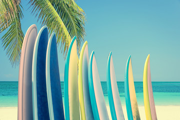 Stack of colorful surfboards on a tropical beach by the ocean with palm tree, retro vintage filter