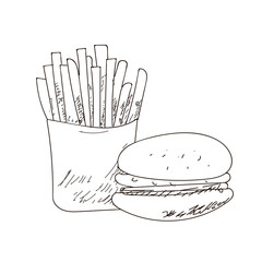 Set of fastfood hand-drawn  outline drawings on white background. , sandwich, burger. Black lines.