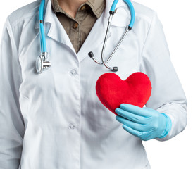 Female cardiologist in uniform holding red heart isolated on the white background