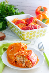 Red peppers stuffed with minced meat, selective focus