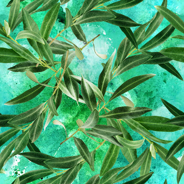 Seamless pattern with olive tree branches on green blue