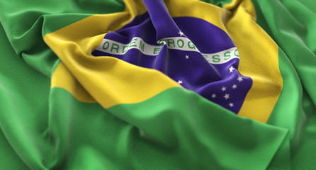 Brazil Flag Ruffled Beautifully Waving Macro Close-Up Shot