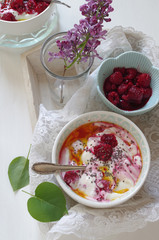 Quarkspeise mit Himbeeren, Chiasamen und Leinöl (Low Carb Diät)