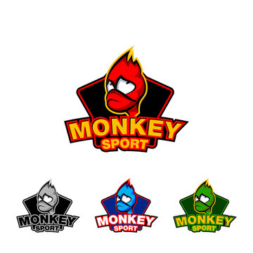 Monkey face sport logo template. Set of colored fire monkey logo.
