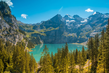 Beautiful natural scenery with the lake Oeschinensee in the Swiss Alps, near Adelboden, Switzerland, Europe