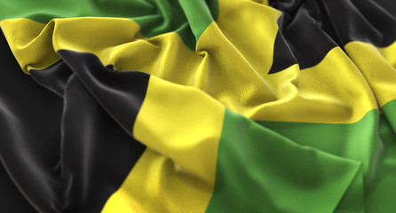 Jamaica Flag Ruffled Beautifully Waving Macro Close-Up Shot