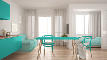 Modern minimal kitchen and living room with bedroom in the background, small apartment, white and turquoise interior design