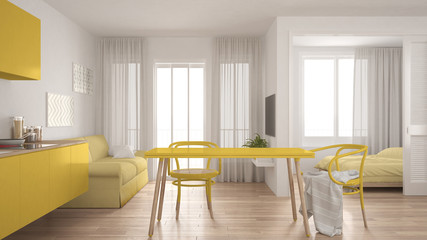 Modern minimal kitchen and living room with bedroom in the background, small apartment, white and yellow interior design