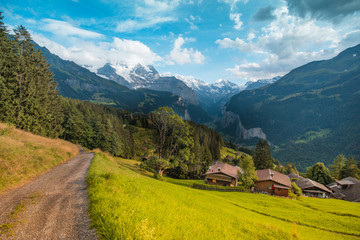 Fototapeta na wymiar Fantastic landscape with housesnear Lauterbrunnen in the Swiss Alps. Switzerland, Europe