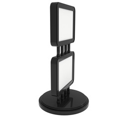 Empty showcase with glass shelves for exhibit. 3D render illustration isolated on white background. Trade show booth black pedestal for expo design.