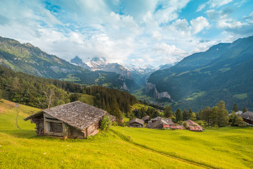 Fantastic landscape with housesnear Lauterbrunnen in the Swiss Alps. Switzerland, Europe