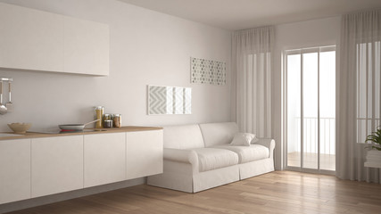 Scandinavian kitchen with sofa, wooden parquet floor, white minimalist interior design