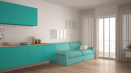 Scandinavian kitchen with sofa, wooden parquet floor, white and turquoise minimalist interior design