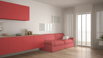 Scandinavian kitchen with sofa, wooden parquet floor, white and red minimalist interior design