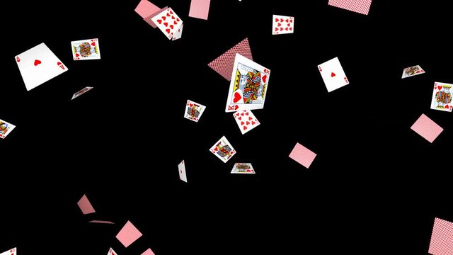 Falling poker cards on black background - loop, red hearts, 10, J, Q, K, A
