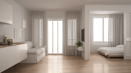 Naklejka na ściany i meble Small apartment with kitchen, living room and bedroom, white minimalist interior design