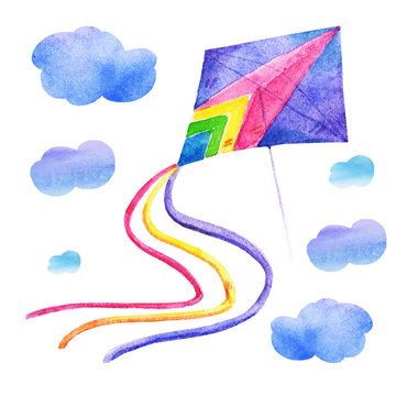 Cute Watercolor colorful kite air set Illustrations isolated on white background. Hand drawn vintage kite with clouds and retro design.