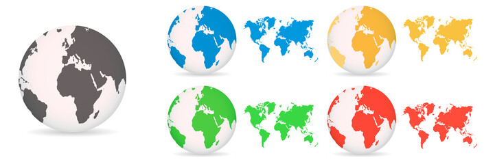 Globes with World Maps different colored on a white background