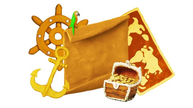 Title plate, Map, Helm, Treasure chest, Parrot, Anchors. Alpha matte. Claymation. 4K