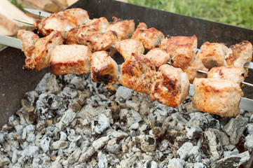 juicy fried meat on skewers outdoors