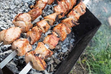 juicy fried meat on skewers outdoors