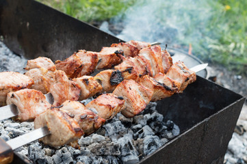 juicy fried meat on skewers outdoors