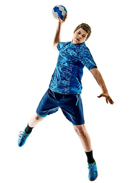 one caucasian handball player teenager boy in studio isolated on white background