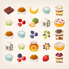 Combinations of food products that make delicious breakfast. Do the math! Illustration of vector breakfast meals.