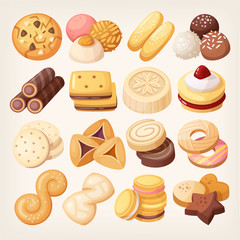 Cookies and biscuits icons set. Various pastry snack food. Isolated realistic vector illustrations. 