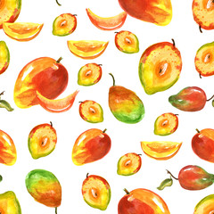Watercolor seamless pattern, background with a pattern of tropical mango fruit.
On a white background.