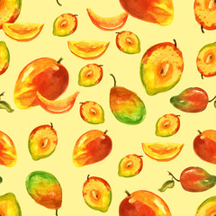 Watercolor seamless pattern, background with a pattern of tropical mango fruit.
On a yellow background