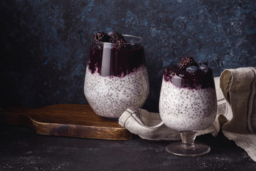 Organic chia pudding in two glasses with coconut milk and blackberry smoothie on top. Dark rustic...