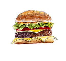 Fast food. Hamburger. Watercolor hand drawn illustration.