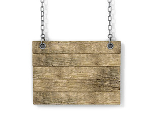 Wooden sign on the chains. 3D illustration.